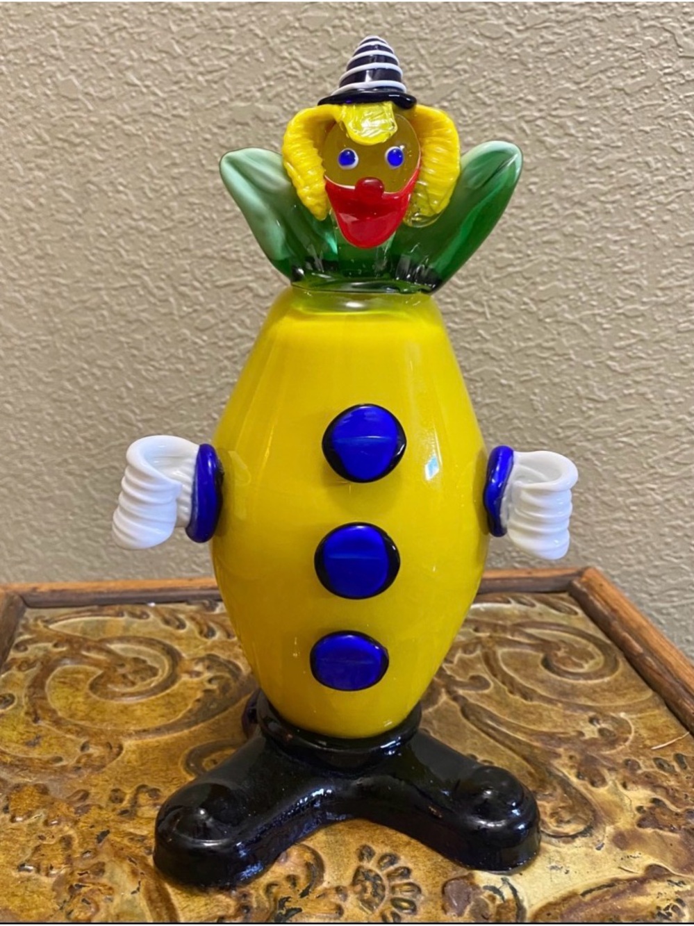 Vtg Murano Yellow & Blue Glass Clown Figurine Handcrafted Statue- Italy